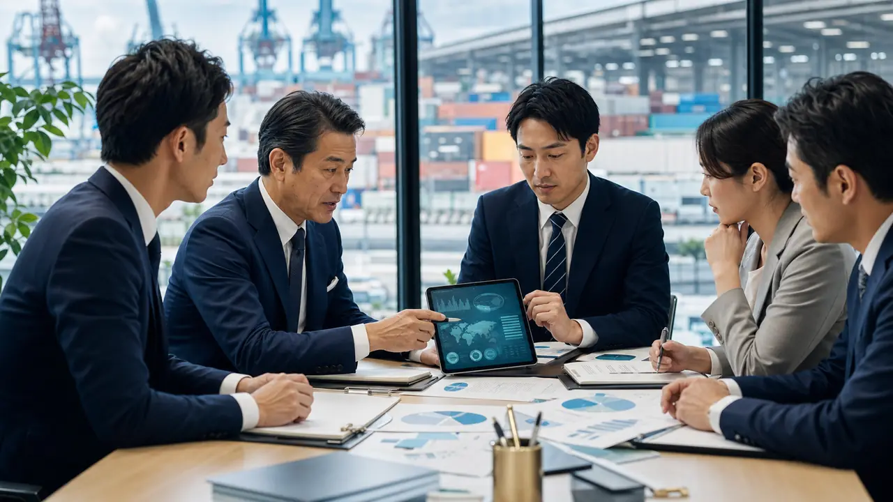 輸入商社の買い手候補とアドバイザーが商談する様子