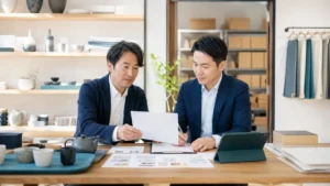 海外ブランド代理店のショールームで事業承継の資料を確認する経営者と買い手