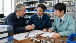 工業部品輸入商社の倉庫で技術資料と部品サンプルを確認する経営者と買い手