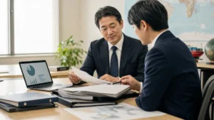 海外仕入先との契約書を確認する輸入商社の経営者とM&Aアドバイザー