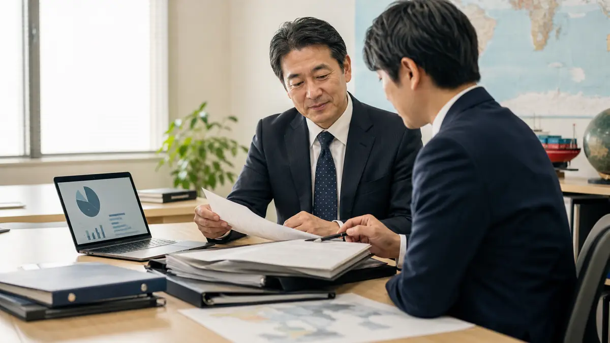 海外仕入先との契約書を確認する輸入商社の経営者とM&Aアドバイザー