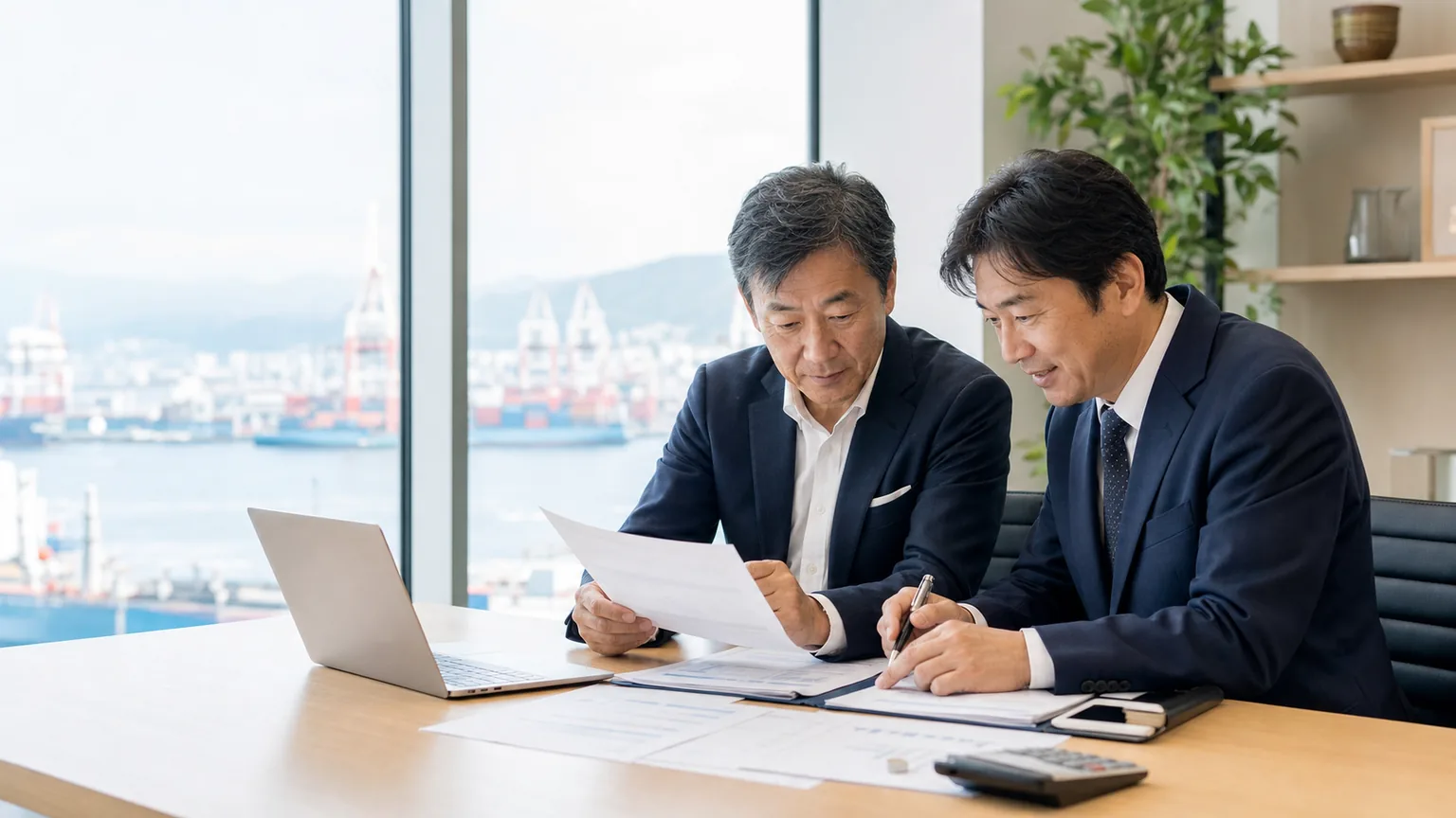 大阪・神戸の港を背景に輸入商社M&Aの資料を確認する経営者とアドバイザー