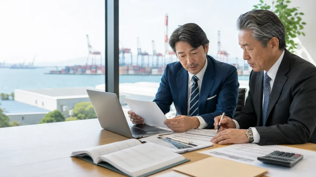横浜・川崎の港湾を背景に輸入商社M&Aの資料を確認する経営者とアドバイザー