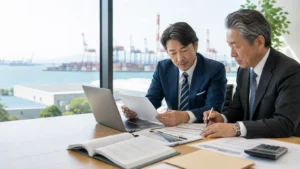横浜・川崎の港湾を背景に輸入商社M&Aの資料を確認する経営者とアドバイザー