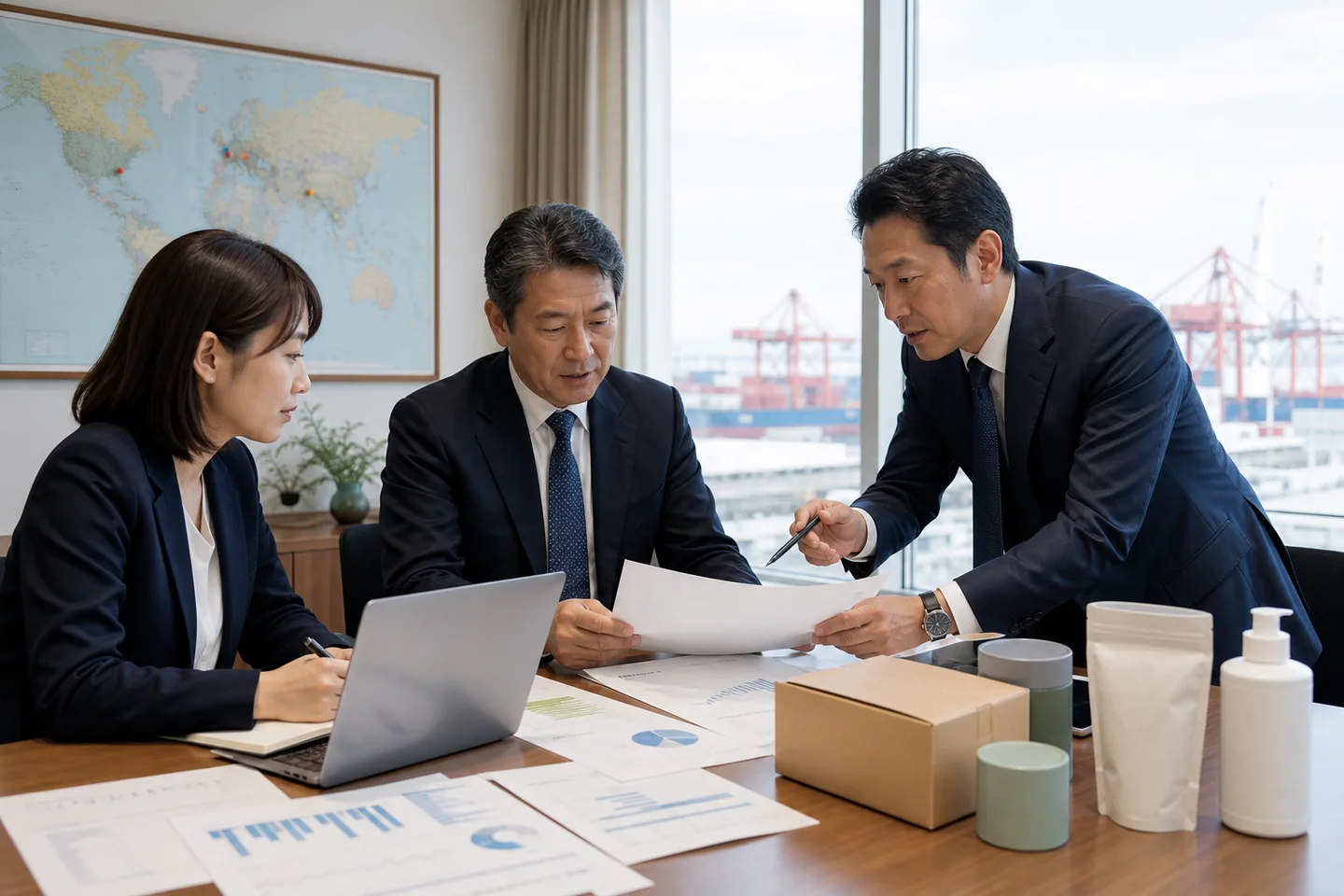 海外サプライヤー契約と在庫データを確認する輸入商社の経営チーム