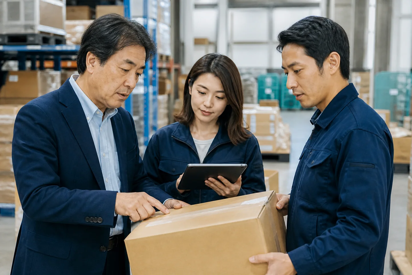 倉庫で輸入商品の在庫とロットを確認する経営者と物流担当者