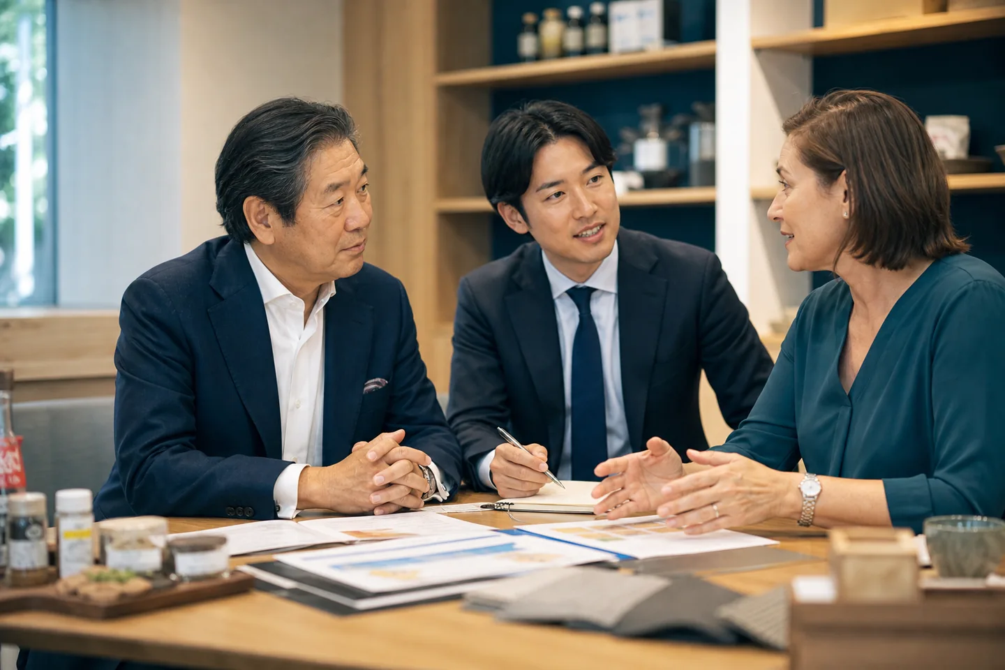 海外メーカー担当者と販売契約の承継を協議する輸入商社経営者とM&Aアドバイザー
