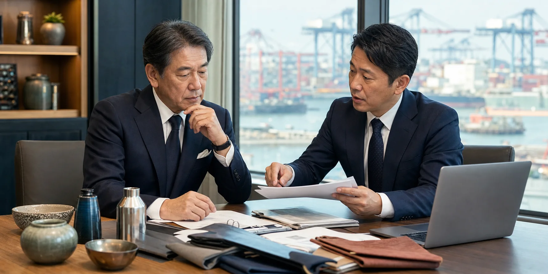港を望む会議室で輸入商社の経営者とM&Aアドバイザーが事業資料を確認する様子