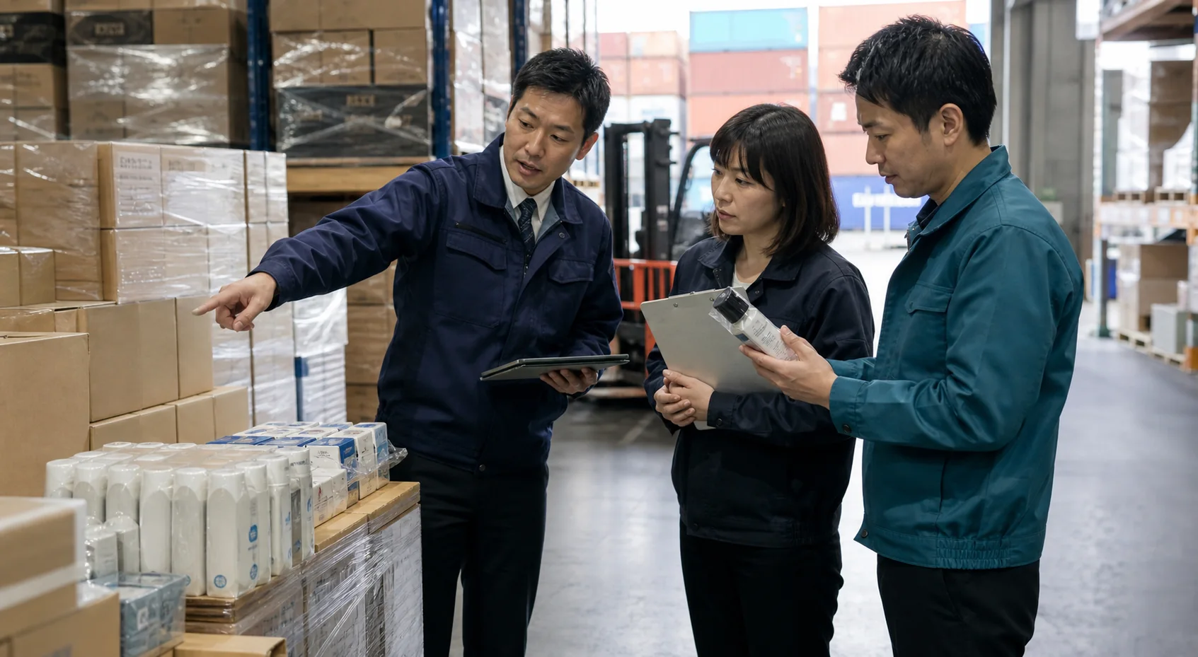 輸入商品の倉庫で運営チームが在庫、SKU、ロット、物流状況を確認する様子